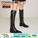 康莉（COMELY）牛皮騎士靴女秋冬季圓頭粗跟不過(guò)膝加絨長(cháng)筒靴子 黑色 37