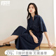 對白新中式立領(lǐng)撞色連衣裙女2026夏季新款垂感顯瘦連肩袖襯衫裙子 藏青色 M