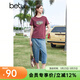 百圖betu女裝春夏新款T恤美式字母圖案正肩卷邊短袖T恤女2403T26 酒紅 M