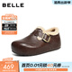 百麗（Belle）周雨彤同款全麥吐司厚底內增高女商場(chǎng)休閑全包勃肯鞋E6V1DDM5預售 啡色皮面-毛里（2代 | 4cm跟高） 36