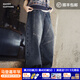 馬登美式復古水洗拼接闊腿牛仔褲女春寬松香蕉長(cháng)褲子女士伐木工裝褲 牛仔藍 【異型解構】 M