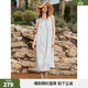 ELLE掛脖暈染印花度假連衣裙女2025夏季新款壓褶設計感航海長(cháng)裙子 藍色 M