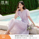 香影薰衣草紫印花連衣裙女2026夏裝新款收腰系帶溫柔風(fēng)泡泡袖裙子 淺紫 S 155/80A/85-95斤