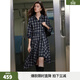 ELLE復古格紋純棉連衣裙女2026春季新款不規則時(shí)髦通勤休閑襯衫裙 藏青 L
