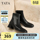 他她TATA靴子女秋冬黑色時(shí)裝短靴粗跟瘦瘦鞋 黑色（單里） 37