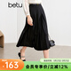 百圖betu女裝秋季新款半身裙腰帶收腰風(fēng)琴褶設計裙子女2408T67 黑色 S