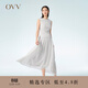 OVV春夏熱賣(mài)女裝肌理感面料拼接薄紗壓褶A字休閑無(wú)袖連衣裙 米白（凈色）09 M
