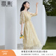 香影通勤黃色連衣裙女2026春新款簡(jiǎn)單大方氣質(zhì)泡泡袖印花中長(cháng)裙 黃花 S 155/80A/85-95斤