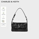 CHARLES&KEITH褶皺油蠟皮斜挎小方包手提包腋下包女士生日禮物CK2-80160183 Noir黑色 S