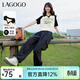 LAGOGO撞色翻領(lǐng)短袖T恤女拉谷谷春季新款休閑透氣插肩短款上衣 米黑(TW) S