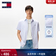 TOMMY JEANS【棉麻混紡】春夏男裝休閑海邊度假風(fēng)細條紋短袖襯衫外套 淺藍白條紋0A8 M