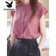 花花公子（PLAYBOY）老錢(qián)風(fēng)亞麻襯衫女夏季2026新款漂亮小衫木耳邊立領(lǐng)設計感短袖上衣 玫紅色 2XL 【125-140斤】