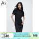 H's立領(lǐng)提花旗袍裙夏季新品女裝國風(fēng)盤(pán)扣抽褶改良新中式連衣裙子 黑色 M