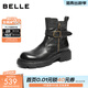 百麗（Belle）潮酷皮帶扣牛皮時(shí)裝靴女冬季新款商場(chǎng)同款厚底短靴F2P1DDZ5 黑色-單里 38
