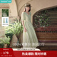 茵曼（INMAN）法式薄荷曼波連衣裙2024夏女裝新品V領(lǐng)燈籠袖抽繩 水沫綠 S