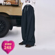 妖精的口袋格子拼接黑色闊腿褲女2025年早秋新款寬松休閑直筒褲子 知性藏青色 L