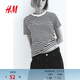 H&M女裝T恤春季時(shí)尚簡(jiǎn)約休閑圓領(lǐng)內搭短袖上衣0963662 黑色/白色條紋 M 165/96