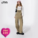 妖精的口袋美拉德工裝背帶直筒褲女2024早秋新款寬松休閑闊腿褲子 流浪公主卡其色 S