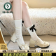 啄木鳥(niǎo)粗跟瑪麗珍鞋女2026年春夏新款百搭蝴蝶結淺口單鞋法式高跟小皮鞋 米白色【專(zhuān)柜版】 37 (235mm)