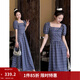茵曼（INMAN）章若楠同款法式方領(lǐng)格紋連衣裙2026夏季新品女裝泡泡袖裙子 藏青 S