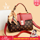 袋鼠卡拉中年女士包包2026新款生日禮物女斜挎包單肩包正品品牌輕奢手提包 棕配紅（手包+卡包+禮盒裝）