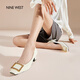 NINE WEST高跟鞋粗跟新款真皮通勤方頭金屬扣女士單鞋子 米白 35