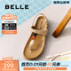 百麗（Belle）幸運石串珠一字帶涼鞋女真皮度假風(fēng)夾腳拖鞋B2667BL5預售 杏色 38 (240mm)