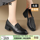 ZHR頭層牛皮革樂(lè )福鞋女粗跟通勤皮鞋女一腳蹬軟底單鞋女KM03黑色37