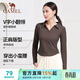 駱駝（CAMEL）長(cháng)袖T恤衫女士小V翻領(lǐng)修身針織上衣 Y24CA4L0605 法式棕 XL