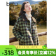 百圖betu女裝冬季新款棉衣翻領(lǐng)仿羊羔毛拼接雙色格子外套2411D02 綠色格 L