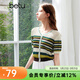 百圖betu女裝夏季新款毛針織衫V領(lǐng)撞色條紋鏤空短袖上衣女2406T02 綠條紋 L