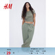 H&M女裝T恤夏季修身彈力汗布窄邊領(lǐng)口辣妹短上衣1234741 卡其綠 M 165/96 M