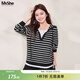 MsShe【假兩件連帽針織衫】大碼女裝2026款春夏裝胖mm顯瘦條紋上衣短袖 【長(cháng)袖】黑白條紋現貨 2XL