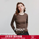 初語(yǔ)天絲羊毛修身T恤女2025秋季新款斜衣擺設計感長(cháng)袖打底上衣 駝色 L