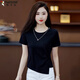 啄木鳥(niǎo)棉短袖t恤女不規則開(kāi)叉褶皺遮肚夏季胖mm大碼顯瘦體恤上衣200斤 黑色 L 建議110-140斤