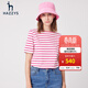 哈吉斯（HAZZYS）女裝 夏季款條紋顯瘦上衣休閑圓領(lǐng)短袖t恤女ASTSE03BE53 梅紅色RF L (165/88A 40)