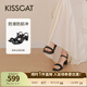 接吻貓KISSCAT【美洋同款】女鞋高跟涼鞋舒適簡(jiǎn)約方頭粗跟一字帶涼鞋 黑色 羊絨面 37