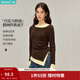 茵曼（INMAN）假兩件拼接撞色圓領(lǐng)磨毛T恤2026春季女裝新款顯瘦長(cháng)袖上衣 深咖色 M