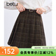 百圖betu女裝冬季新款半身裙高腰毛呢格紋A字百褶裙裙子女2411T68 咖格 L