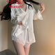 莫代爾2026新款睡裙性感蕾絲冰絲長(cháng)袖睡衣女士家居服白襯衫夏季薄款套裝 白色上衣+短褲 S 建議80-95斤