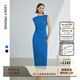朗姿【精英衣櫥】一字肩收腰抽褶長(cháng)裙夏裝新款女禮服連衣裙 艦隊藍色 M