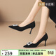 ZHR則則絨面高跟鞋女頭層羊皮氣質(zhì)百搭單鞋方鉆不累腳細跟女鞋D135黑色37