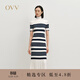 OVV秋冬熱賣(mài)女裝經(jīng)典橫條紋高領(lǐng)長(cháng)袖羊毛針織連衣裙 藏青條紋 S