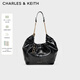 CHARLES&KEITH26春季新品帶包掛油蠟皮大容量托特包生日禮物CK2-40151610 Black黑色 L
