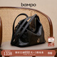 半坡飾族（bampo）新款綿綿雙肩包報喜包女包多功能單肩斜挎牛皮舒適大容量包包 墨碳黑