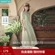 茵曼（INMAN）法式薄荷曼波連衣裙2024夏女裝新品V領(lǐng)燈籠袖抽繩 水沫綠 S