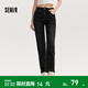 森馬（Semir）牛仔|森柔牛仔褲女復古簡(jiǎn)約長(cháng)褲休閑秋季半松緊腰直筒褲通勤 牛仔水洗黑98201 L