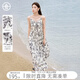 對白（DUIBAI）【AN大碼系列】深山含笑水墨印花吊帶連衣裙春季胖mm顯瘦無(wú)袖裙子 米底黑花 2XL 建議體重145-160
