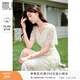 香影（xiangying）v領(lǐng)蕾絲連衣裙女2026夏季新款重工米白色高級感法式鏤空裙子 米色 M