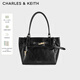 CHARLES&KEITH26春季新品鎖扣褶皺大容量單肩托特包CK2-30782817 NOIR黑色 L